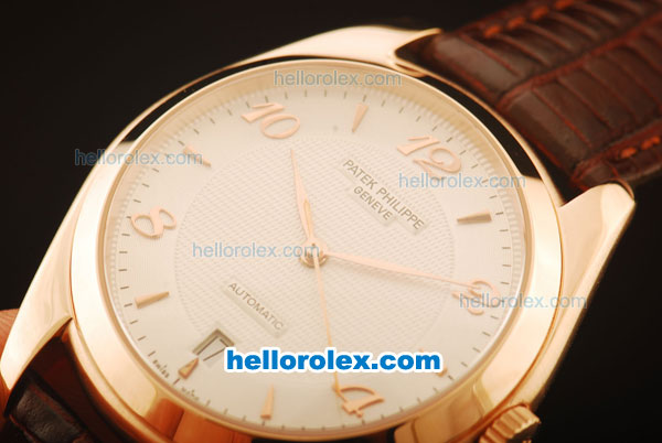 Patek Philippe Calatrava Swiss ETA 2824 Automatic Rose Gold Case with White Dial and Brown Leather Strap-Numeral Markers - Click Image to Close